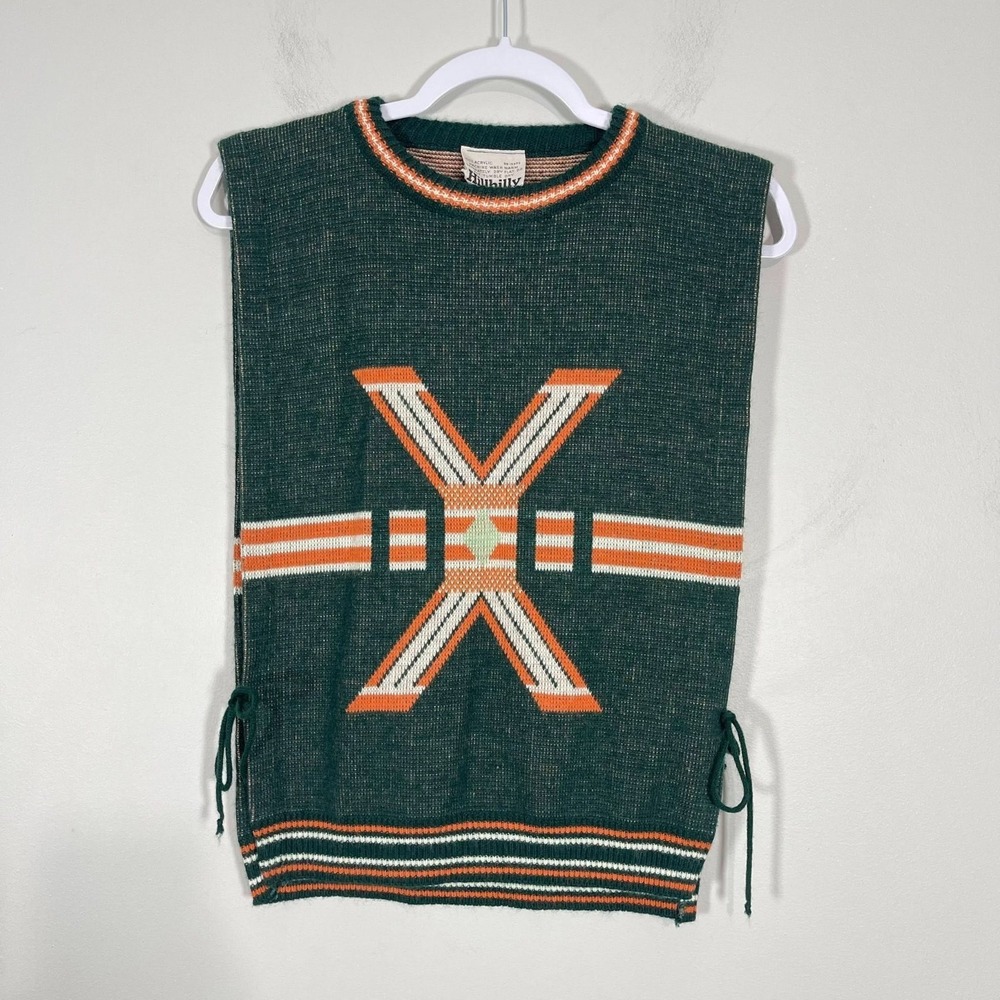VTG HillBilly Poncho Sweater Vest Green Orange X Western Boho Festival 70s